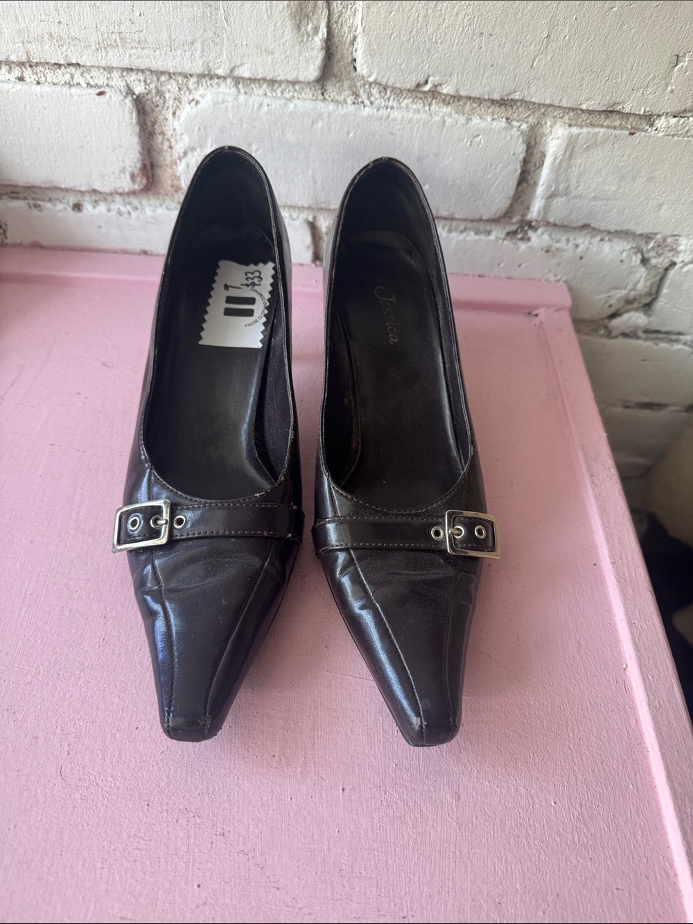 Jessica Black Pointed Toe Leather Heels with Buckle Detail